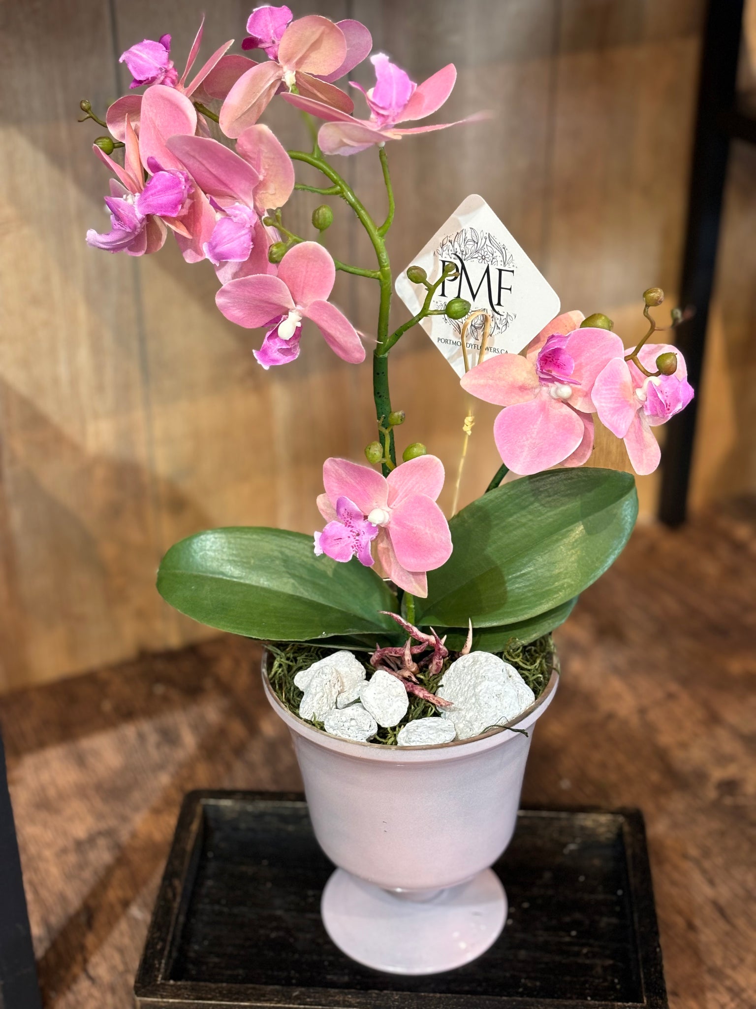 Faux Orchid Glass Planter