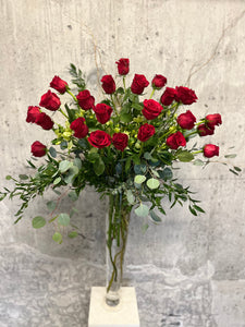 4’ tall Signature Double Red Roses vase arrangement