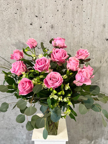 A Dozen Pink Roses Vase